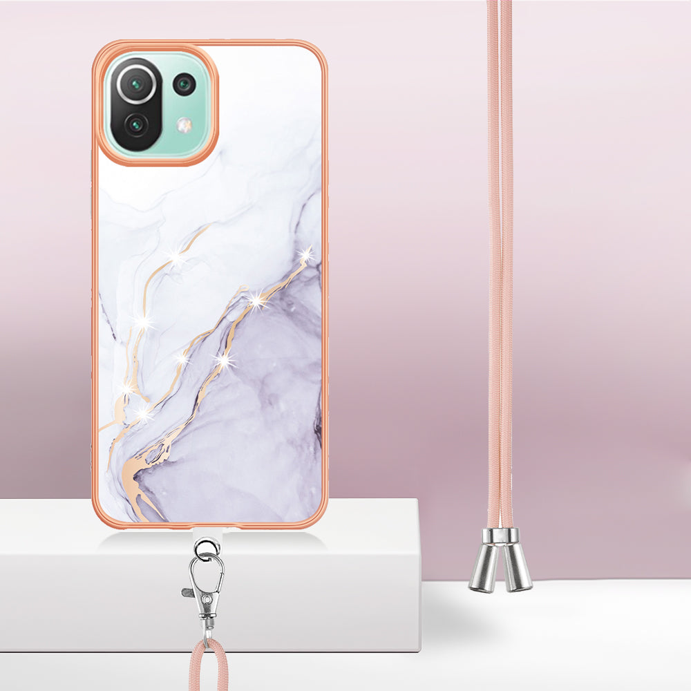 YB IMD Series-9 For Xiaomi 11 Lite 5G NE / Mi 11 Lite 4G / 5G Marble Pattern Case IMD Electroplated TPU Cover with Lanyard