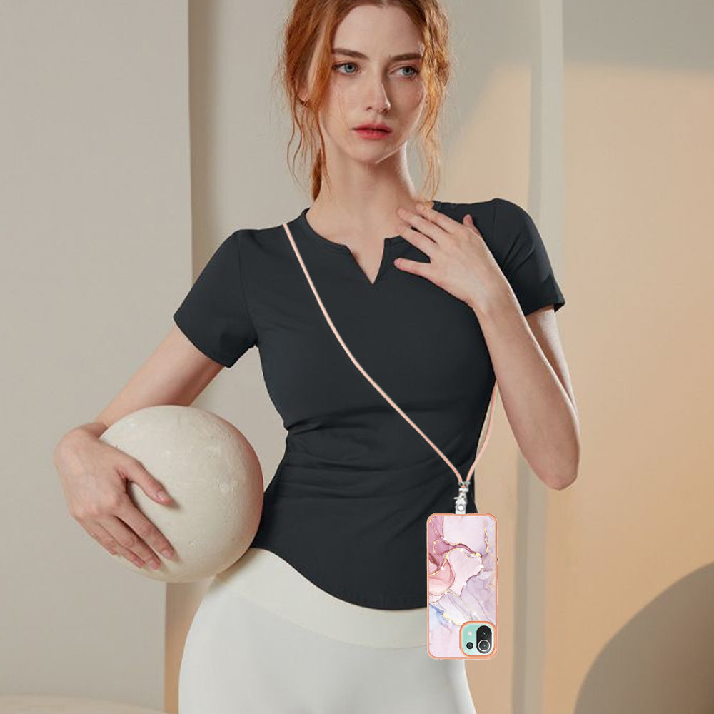 YB IMD Series-9 For Xiaomi 11 Lite 5G NE / Mi 11 Lite 4G / 5G Marble Pattern Case IMD Electroplated TPU Cover with Lanyard
