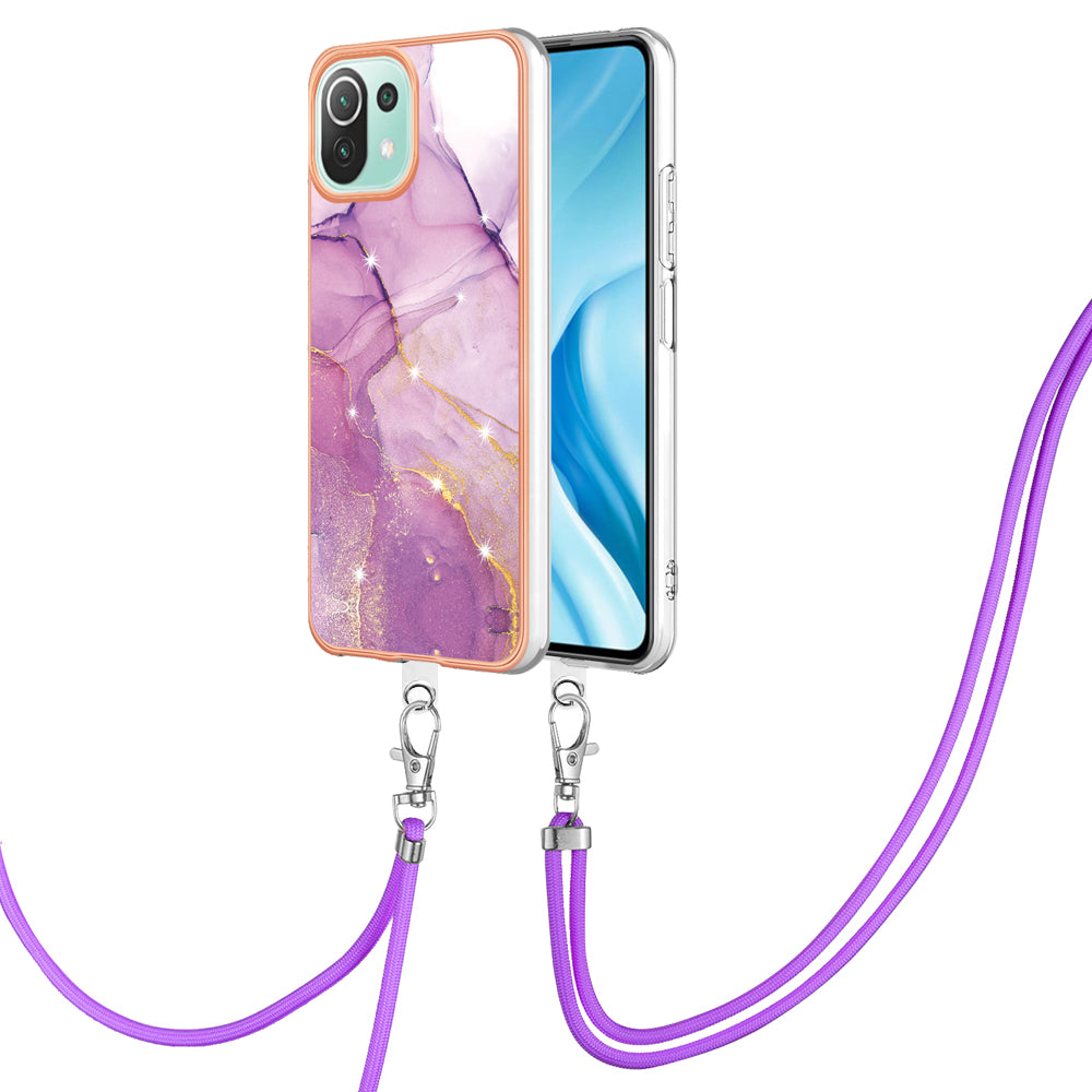 YB IMD Series-9 For Xiaomi 11 Lite 5G NE / Mi 11 Lite 4G / 5G Marble Pattern Case IMD Electroplated TPU Cover with Lanyard