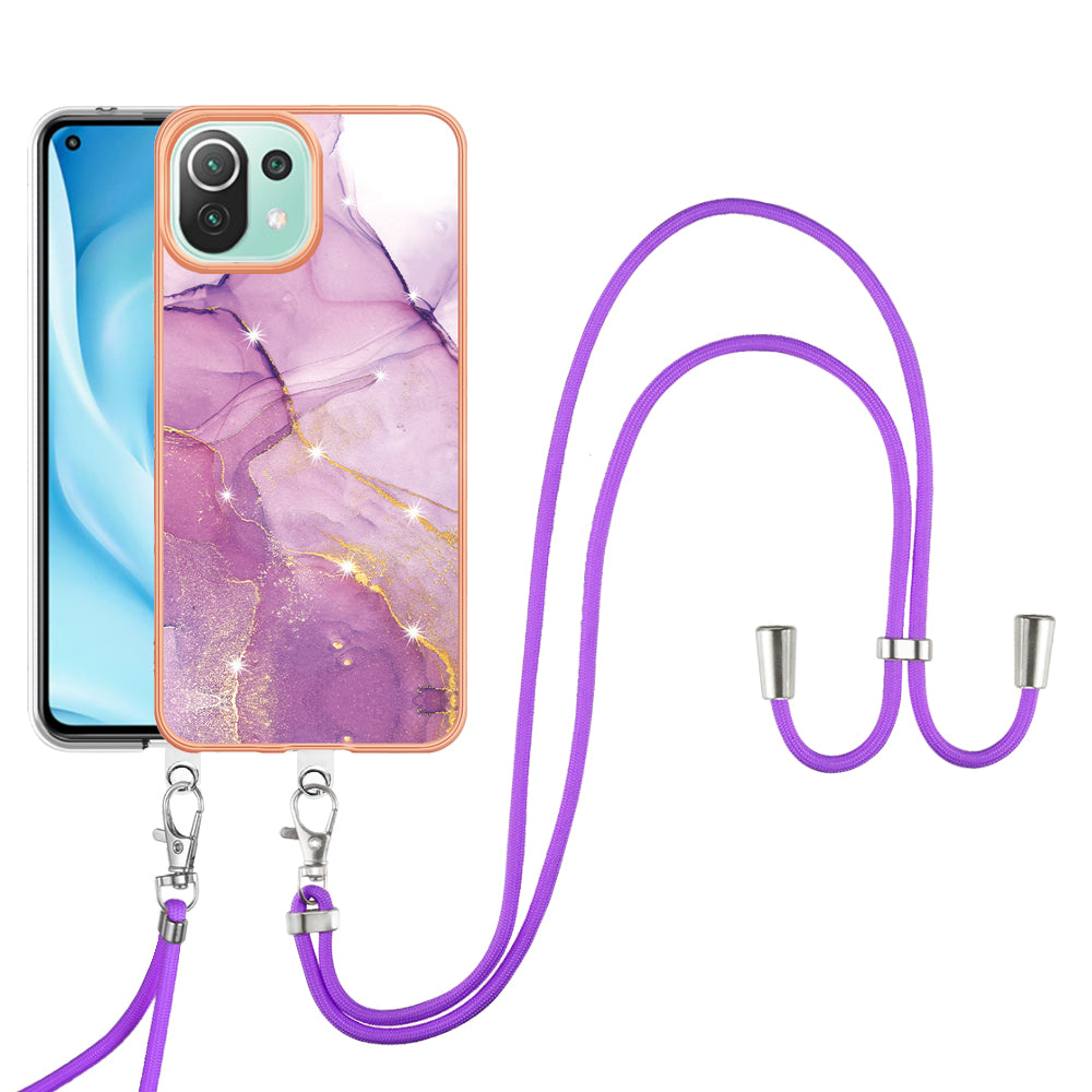 YB IMD Series-9 For Xiaomi 11 Lite 5G NE / Mi 11 Lite 4G / 5G Marble Pattern Case IMD Electroplated TPU Cover with Lanyard