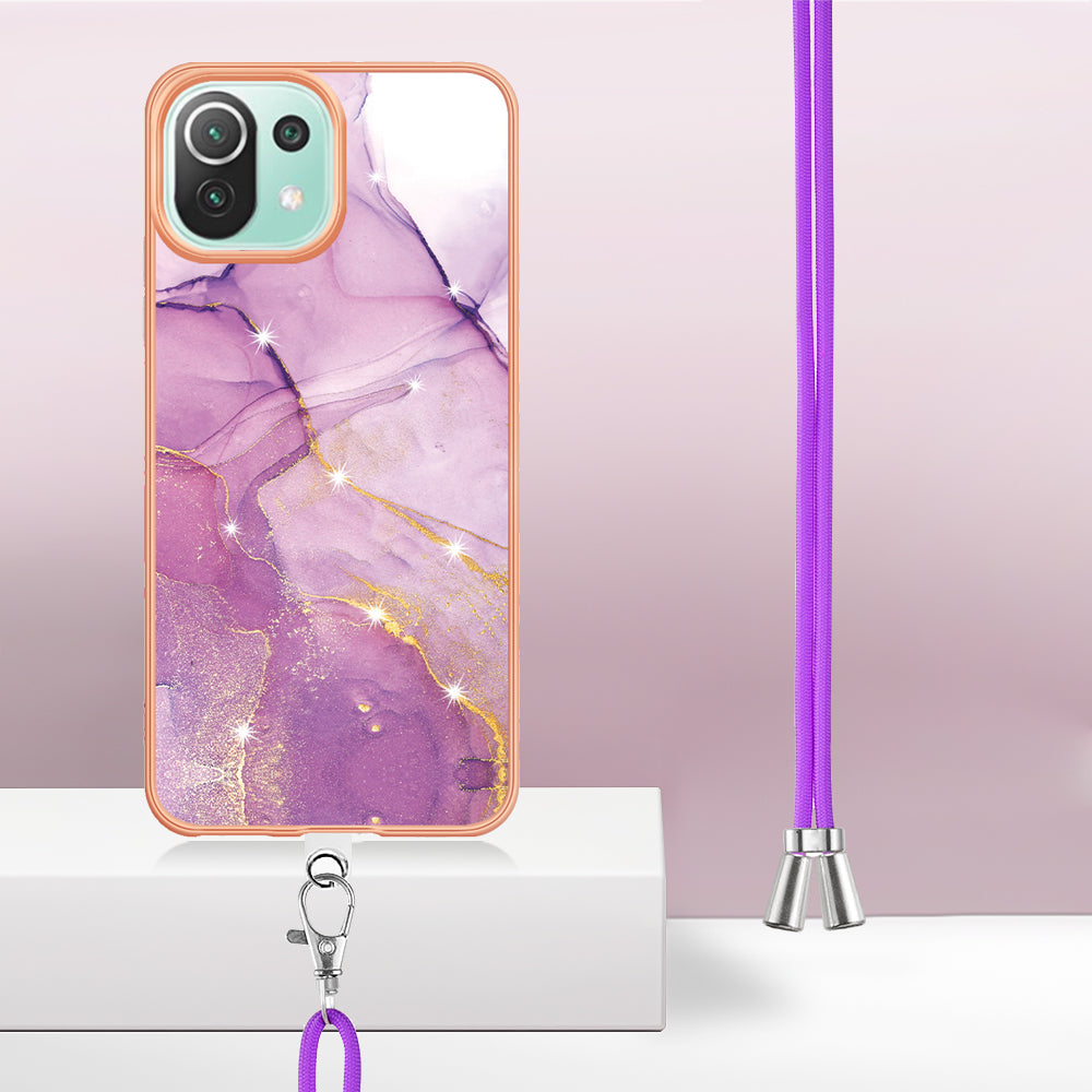 YB IMD Series-9 For Xiaomi 11 Lite 5G NE / Mi 11 Lite 4G / 5G Marble Pattern Case IMD Electroplated TPU Cover with Lanyard