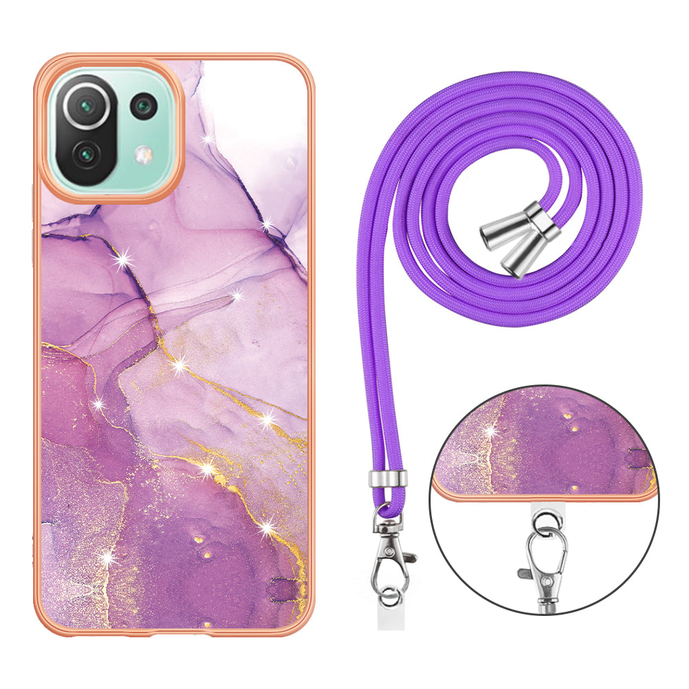 YB IMD Series-9 For Xiaomi 11 Lite 5G NE / Mi 11 Lite 4G / 5G Marble Pattern Case IMD Electroplated TPU Cover with Lanyard