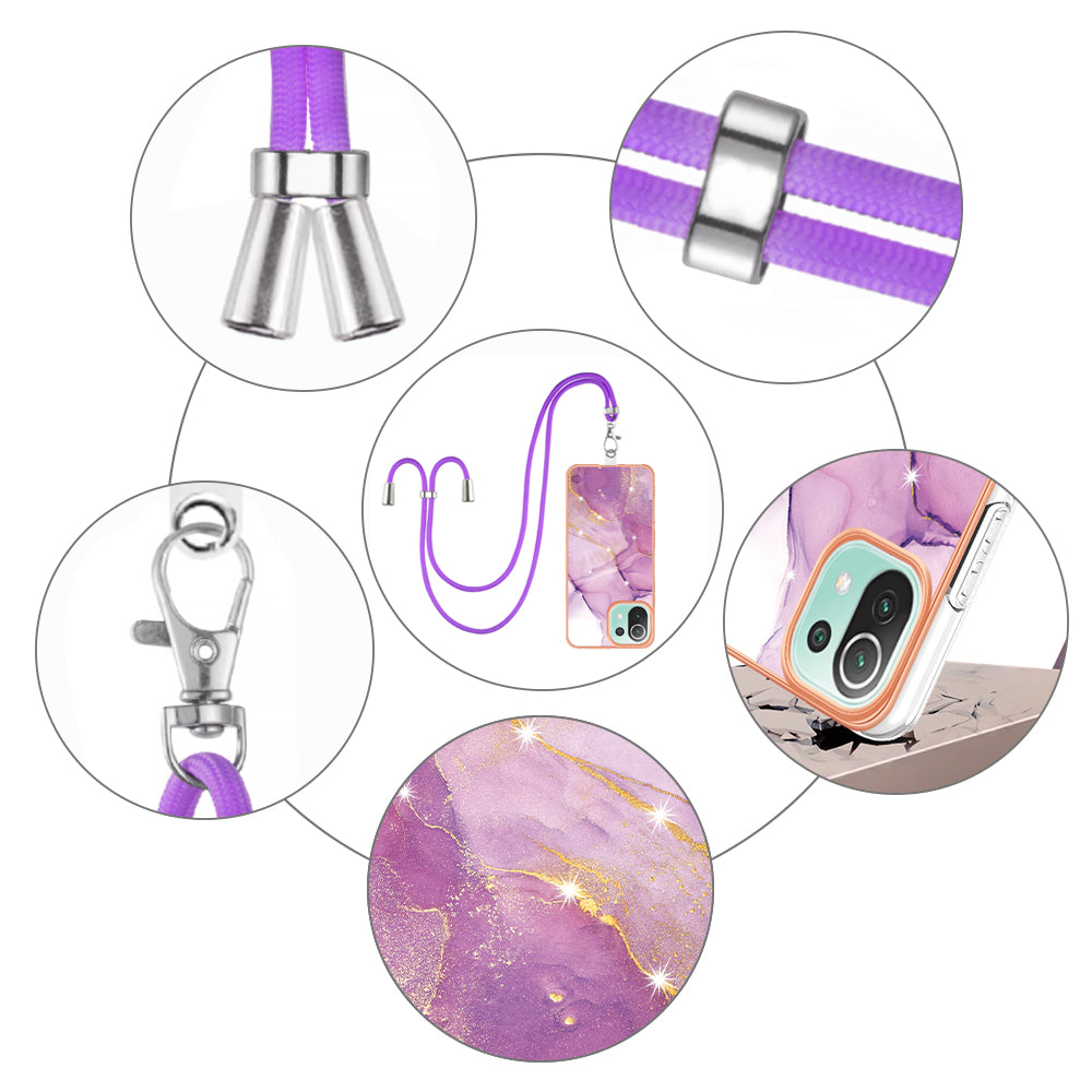 YB IMD Series-9 For Xiaomi 11 Lite 5G NE / Mi 11 Lite 4G / 5G Marble Pattern Case IMD Electroplated TPU Cover with Lanyard