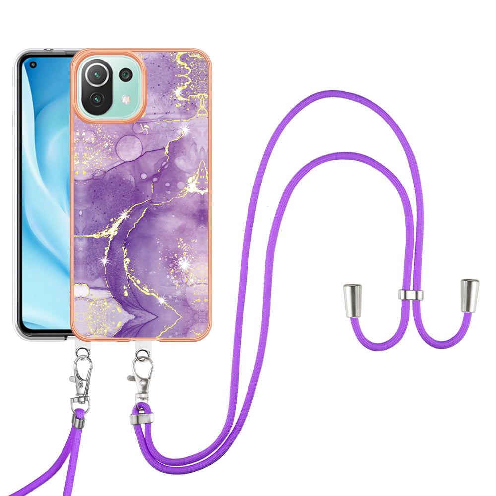 YB IMD Series-9 For Xiaomi 11 Lite 5G NE / Mi 11 Lite 4G / 5G Marble Pattern Case IMD Electroplated TPU Cover with Lanyard