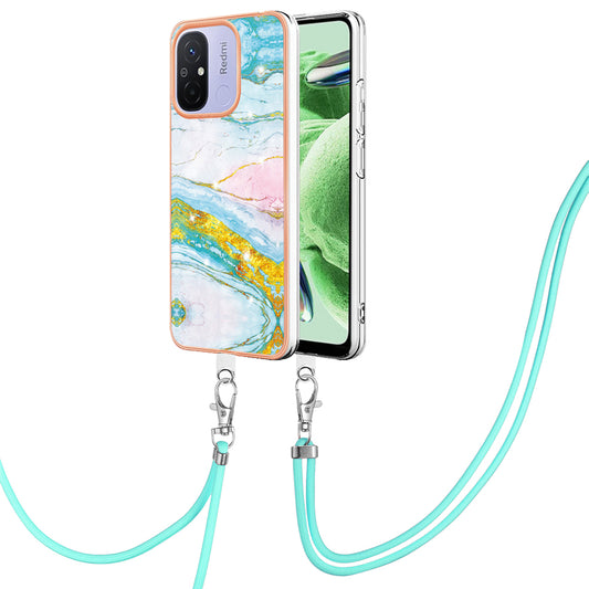 YB IMD Series-9 For Xiaomi Redmi 12C 4G / 11A 4G Electroplated TPU Cover IMD Marble Pattern Phone Case with Lanyard