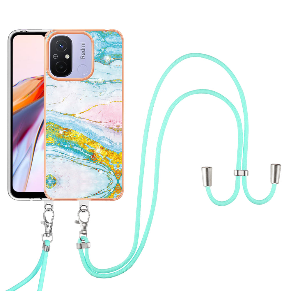 YB IMD Series-9 For Xiaomi Redmi 12C 4G / 11A 4G Electroplated TPU Cover IMD Marble Pattern Phone Case with Lanyard