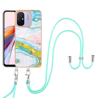 YB IMD Series-9 For Xiaomi Redmi 12C 4G / 11A 4G Electroplated TPU Cover IMD Marble Pattern Phone Case with Lanyard