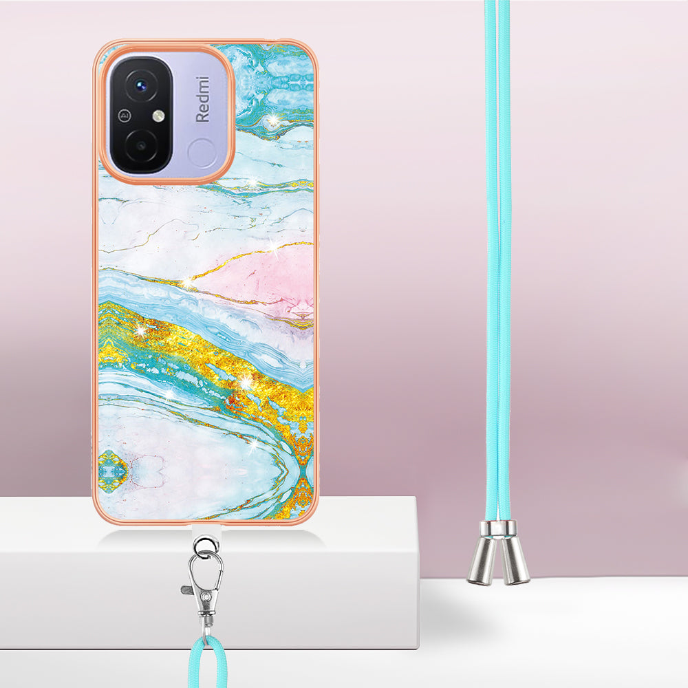 YB IMD Series-9 For Xiaomi Redmi 12C 4G / 11A 4G Electroplated TPU Cover IMD Marble Pattern Phone Case with Lanyard