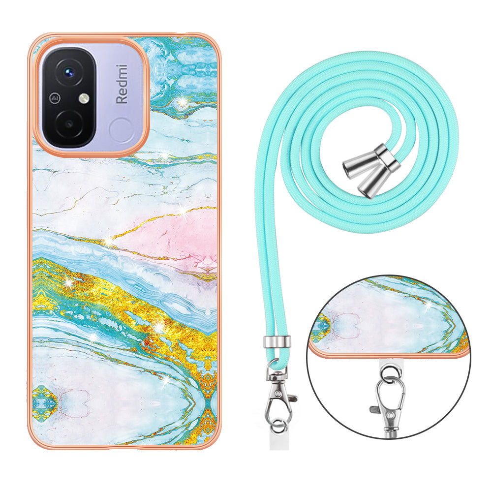 YB IMD Series-9 For Xiaomi Redmi 12C 4G / 11A 4G Electroplated TPU Cover IMD Marble Pattern Phone Case with Lanyard