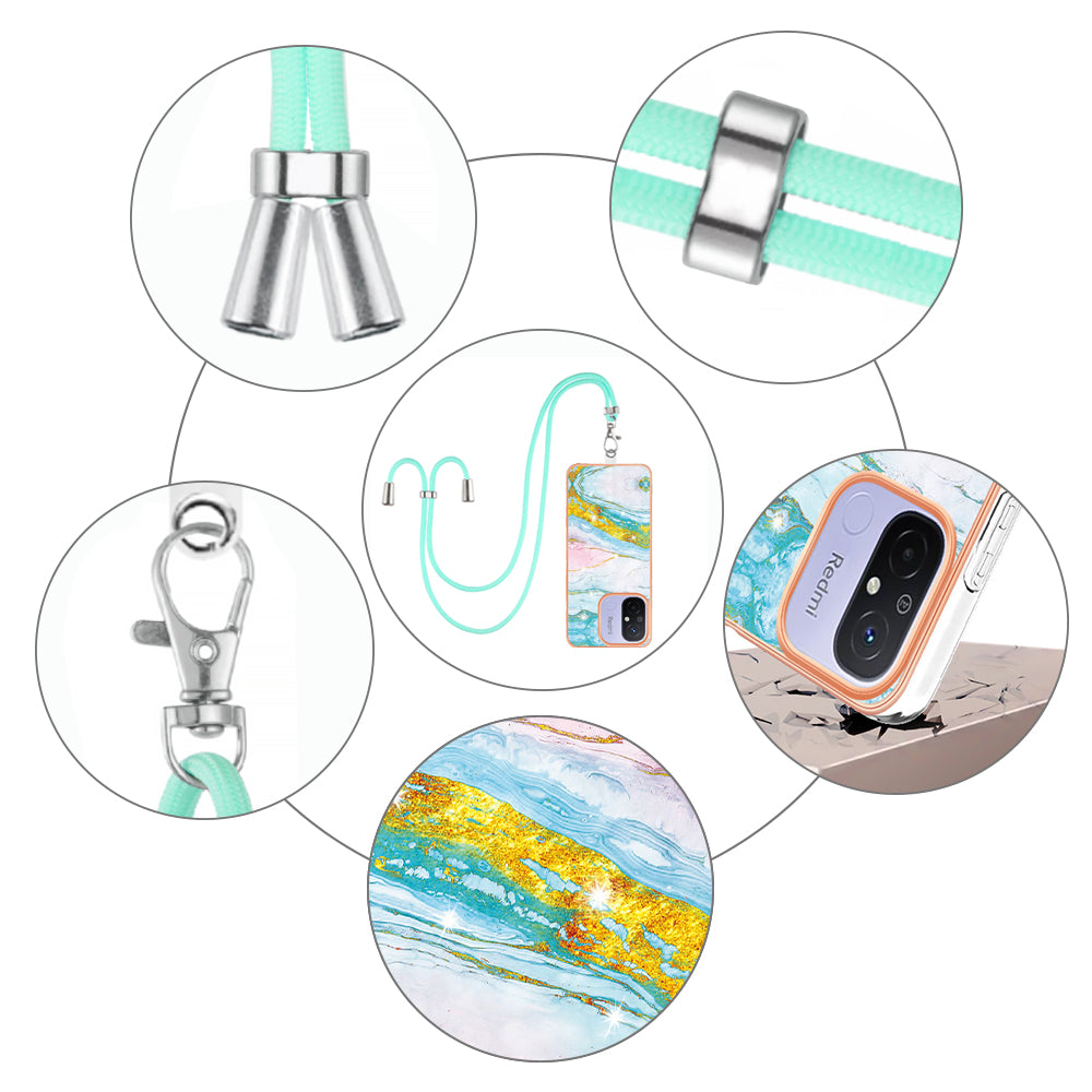 YB IMD Series-9 For Xiaomi Redmi 12C 4G / 11A 4G Electroplated TPU Cover IMD Marble Pattern Phone Case with Lanyard