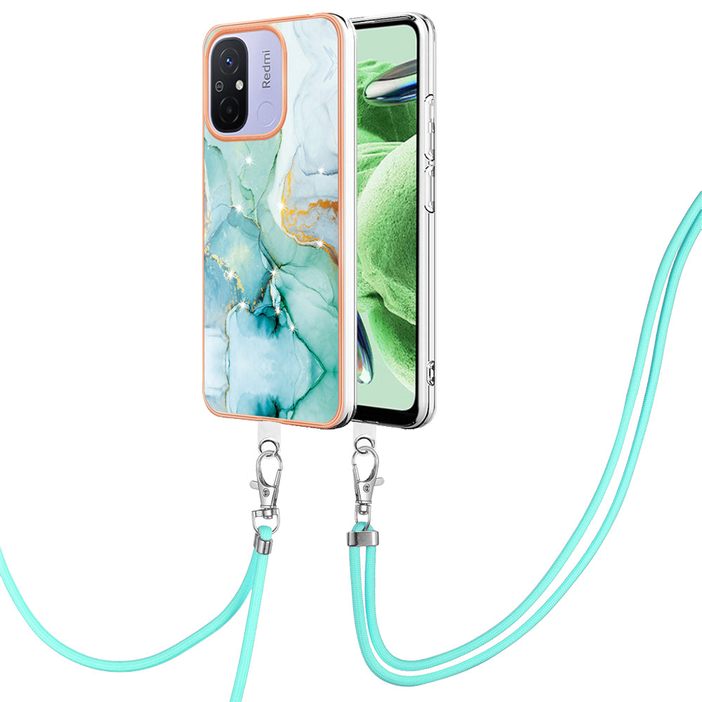YB IMD Series-9 For Xiaomi Redmi 12C 4G / 11A 4G Electroplated TPU Cover IMD Marble Pattern Phone Case with Lanyard