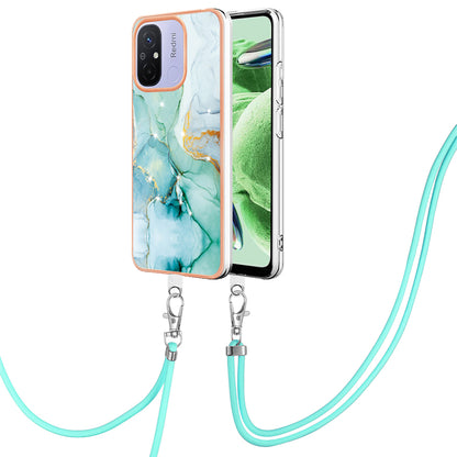 YB IMD Series-9 For Xiaomi Redmi 12C 4G / 11A 4G Electroplated TPU Cover IMD Marble Pattern Phone Case with Lanyard