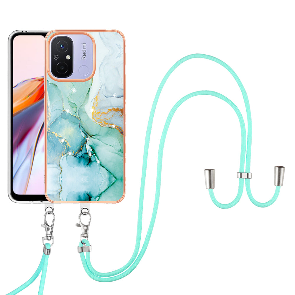 YB IMD Series-9 For Xiaomi Redmi 12C 4G / 11A 4G Electroplated TPU Cover IMD Marble Pattern Phone Case with Lanyard