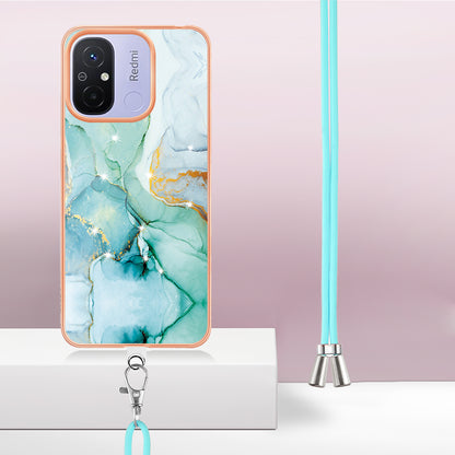 YB IMD Series-9 For Xiaomi Redmi 12C 4G / 11A 4G Electroplated TPU Cover IMD Marble Pattern Phone Case with Lanyard