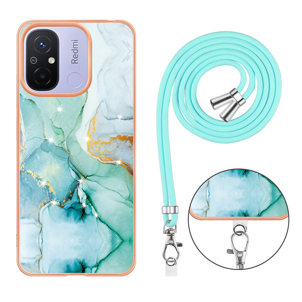 YB IMD Series-9 For Xiaomi Redmi 12C 4G / 11A 4G Electroplated TPU Cover IMD Marble Pattern Phone Case with Lanyard