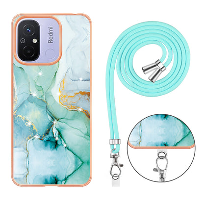 YB IMD Series-9 For Xiaomi Redmi 12C 4G / 11A 4G Electroplated TPU Cover IMD Marble Pattern Phone Case with Lanyard