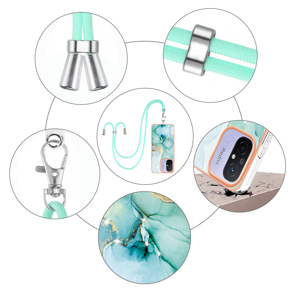 YB IMD Series-9 For Xiaomi Redmi 12C 4G / 11A 4G Electroplated TPU Cover IMD Marble Pattern Phone Case with Lanyard