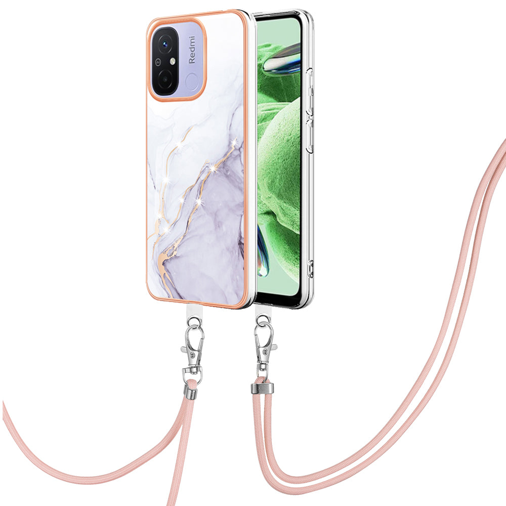 YB IMD Series-9 For Xiaomi Redmi 12C 4G / 11A 4G Electroplated TPU Cover IMD Marble Pattern Phone Case with Lanyard