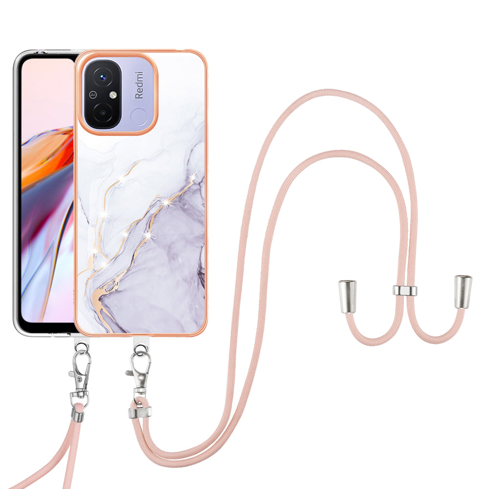 YB IMD Series-9 For Xiaomi Redmi 12C 4G / 11A 4G Electroplated TPU Cover IMD Marble Pattern Phone Case with Lanyard