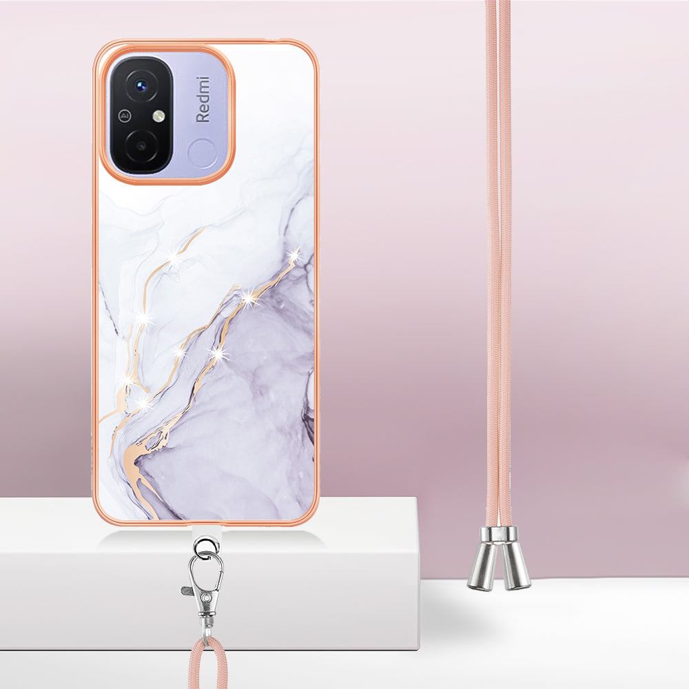 YB IMD Series-9 For Xiaomi Redmi 12C 4G / 11A 4G Electroplated TPU Cover IMD Marble Pattern Phone Case with Lanyard