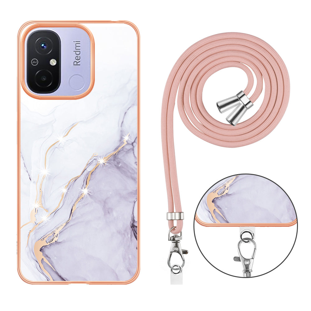 YB IMD Series-9 For Xiaomi Redmi 12C 4G / 11A 4G Electroplated TPU Cover IMD Marble Pattern Phone Case with Lanyard