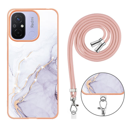 YB IMD Series-9 For Xiaomi Redmi 12C 4G / 11A 4G Electroplated TPU Cover IMD Marble Pattern Phone Case with Lanyard