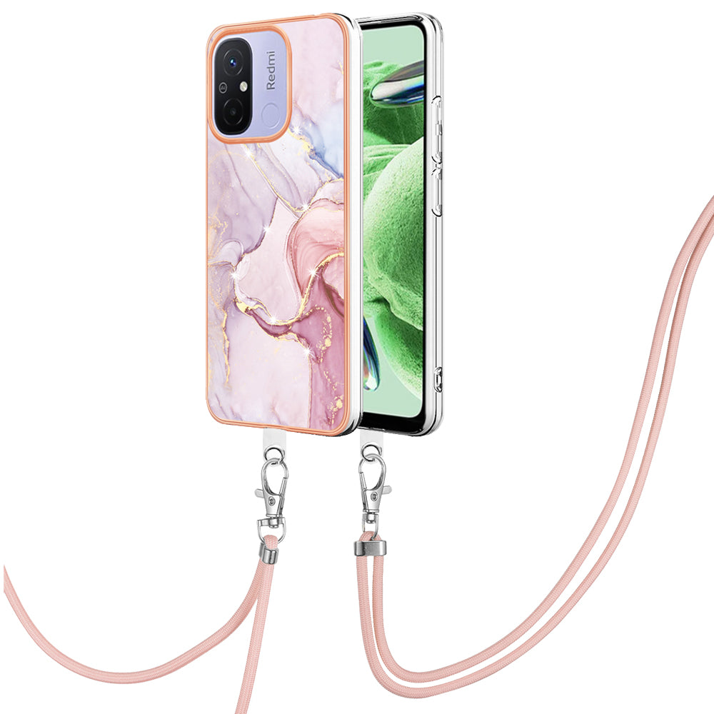 YB IMD Series-9 For Xiaomi Redmi 12C 4G / 11A 4G Electroplated TPU Cover IMD Marble Pattern Phone Case with Lanyard