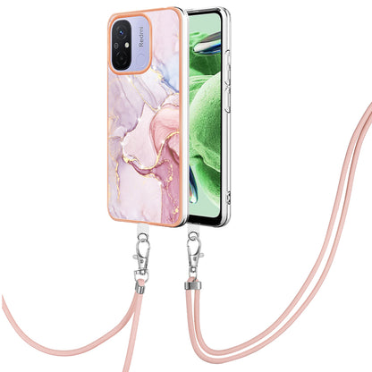 YB IMD Series-9 For Xiaomi Redmi 12C 4G / 11A 4G Electroplated TPU Cover IMD Marble Pattern Phone Case with Lanyard