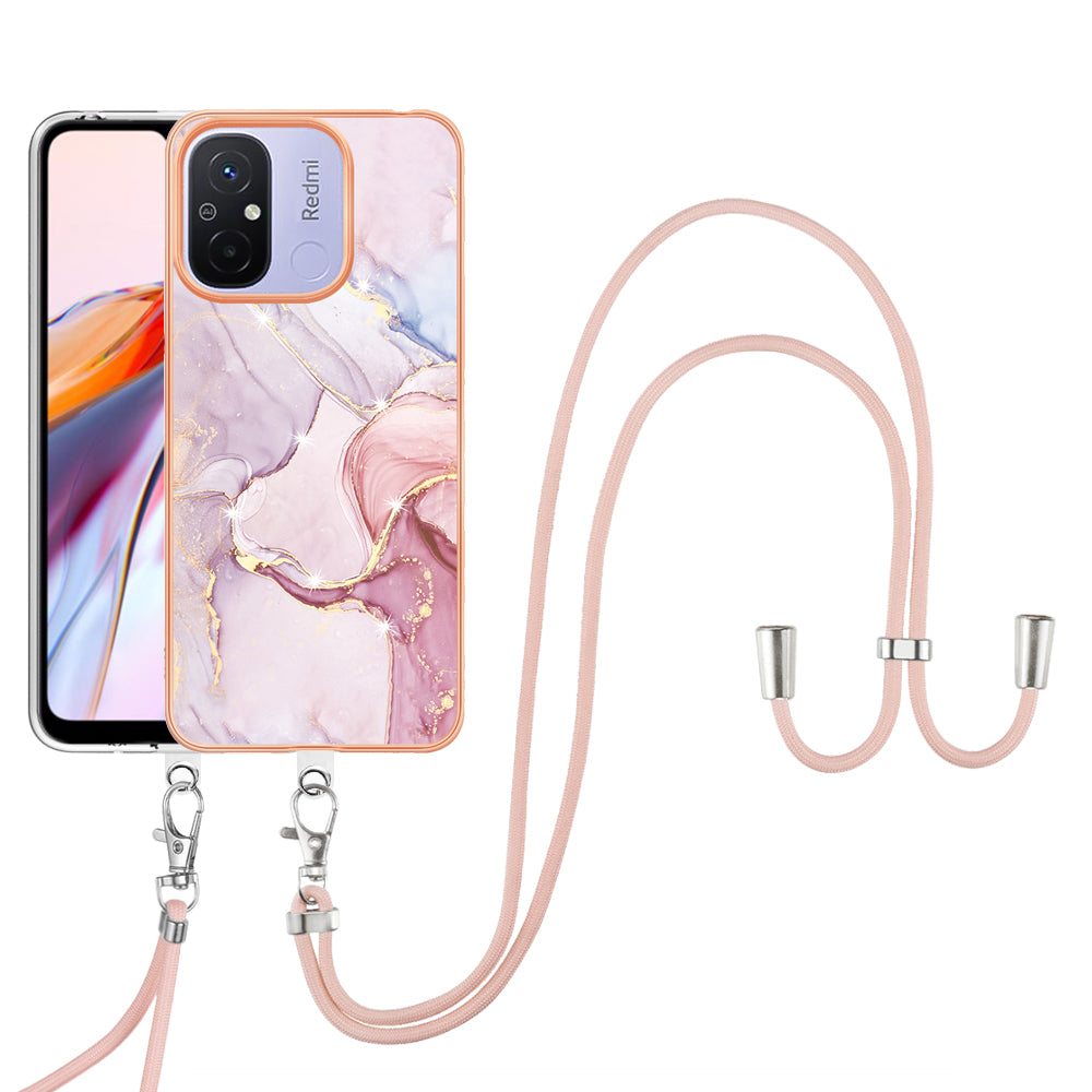 YB IMD Series-9 For Xiaomi Redmi 12C 4G / 11A 4G Electroplated TPU Cover IMD Marble Pattern Phone Case with Lanyard