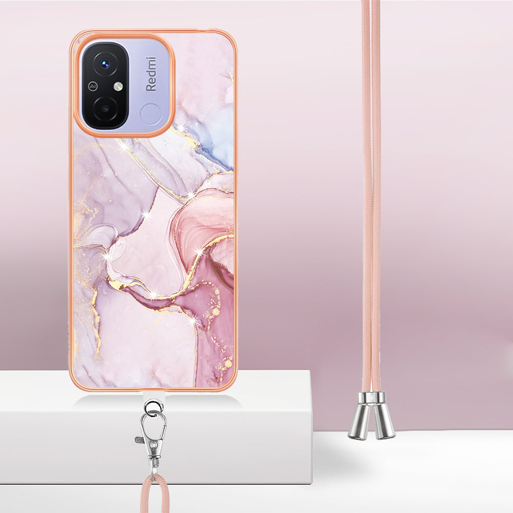 YB IMD Series-9 For Xiaomi Redmi 12C 4G / 11A 4G Electroplated TPU Cover IMD Marble Pattern Phone Case with Lanyard
