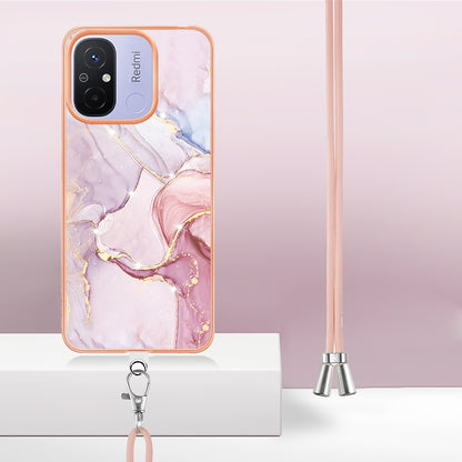 YB IMD Series-9 For Xiaomi Redmi 12C 4G / 11A 4G Electroplated TPU Cover IMD Marble Pattern Phone Case with Lanyard
