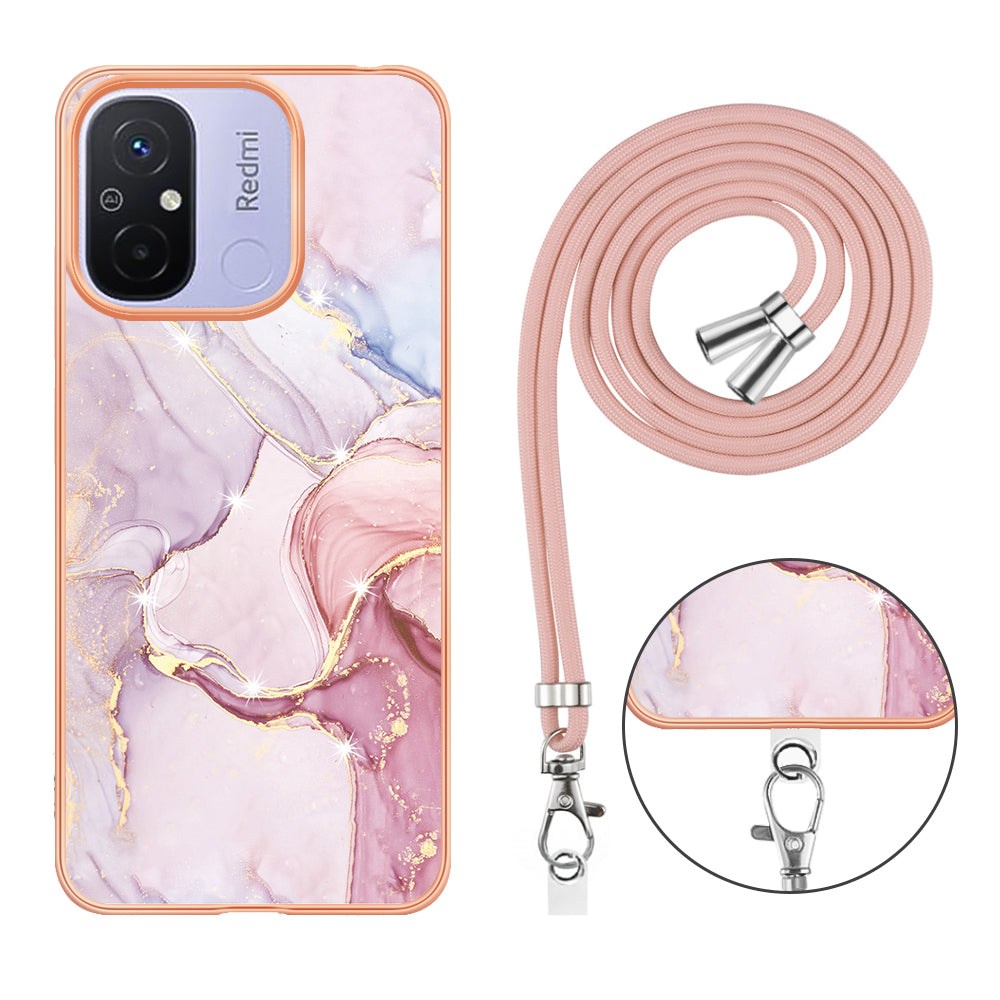 YB IMD Series-9 For Xiaomi Redmi 12C 4G / 11A 4G Electroplated TPU Cover IMD Marble Pattern Phone Case with Lanyard