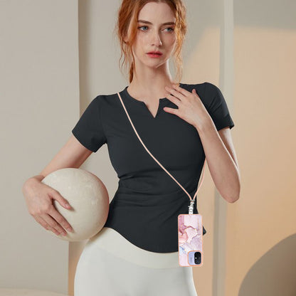 YB IMD Series-9 For Xiaomi Redmi 12C 4G / 11A 4G Electroplated TPU Cover IMD Marble Pattern Phone Case with Lanyard