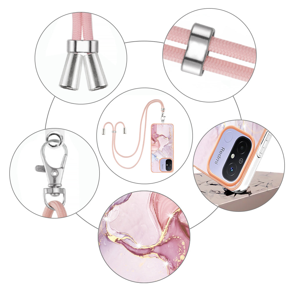 YB IMD Series-9 For Xiaomi Redmi 12C 4G / 11A 4G Electroplated TPU Cover IMD Marble Pattern Phone Case with Lanyard