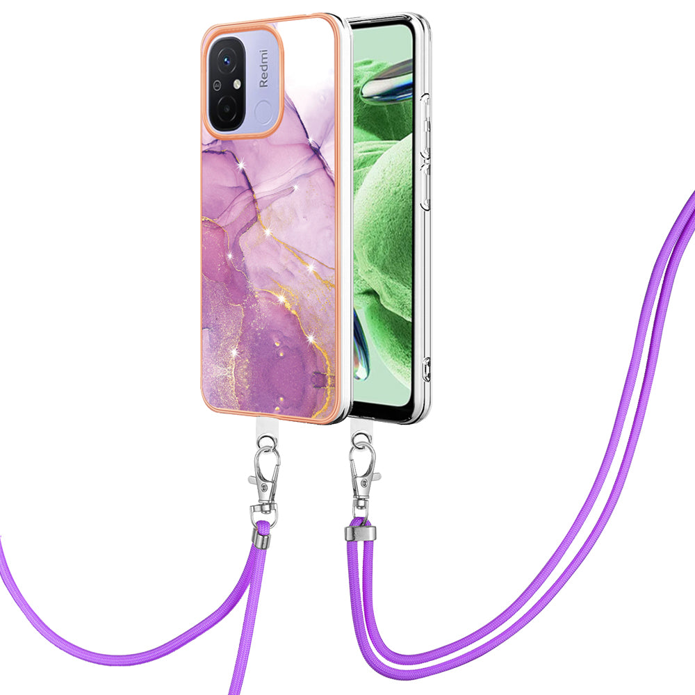 YB IMD Series-9 For Xiaomi Redmi 12C 4G / 11A 4G Electroplated TPU Cover IMD Marble Pattern Phone Case with Lanyard