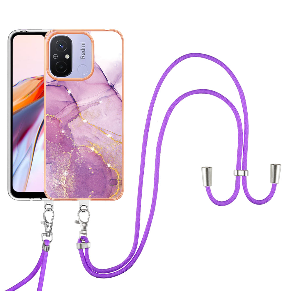 YB IMD Series-9 For Xiaomi Redmi 12C 4G / 11A 4G Electroplated TPU Cover IMD Marble Pattern Phone Case with Lanyard
