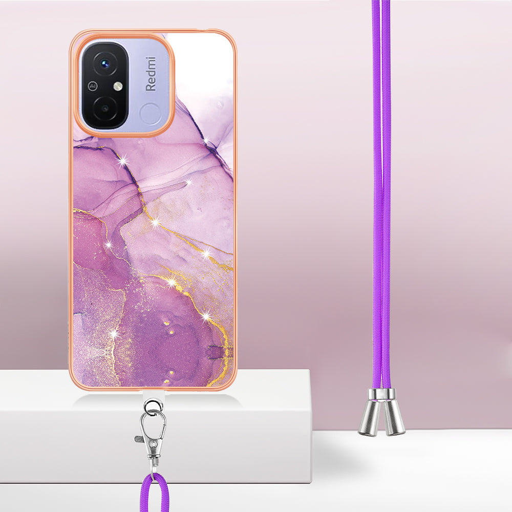 YB IMD Series-9 For Xiaomi Redmi 12C 4G / 11A 4G Electroplated TPU Cover IMD Marble Pattern Phone Case with Lanyard