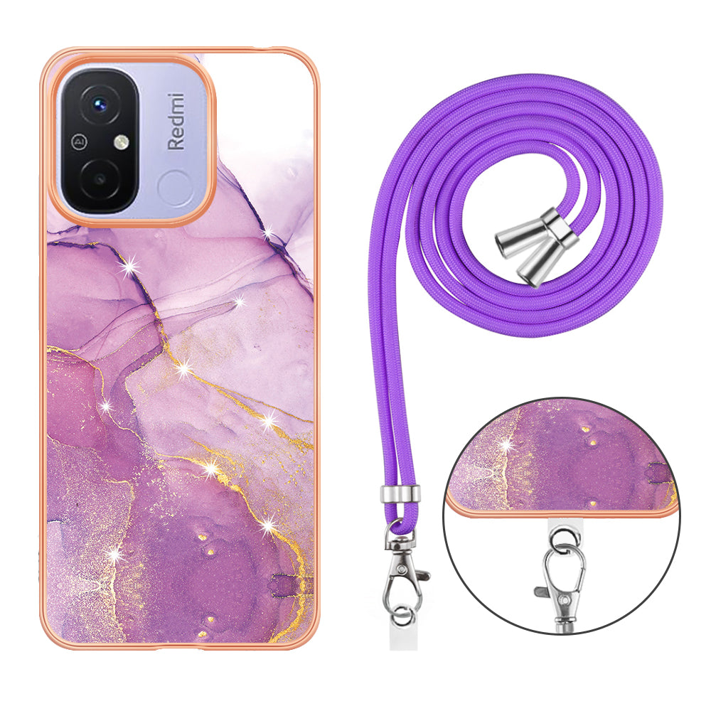 YB IMD Series-9 For Xiaomi Redmi 12C 4G / 11A 4G Electroplated TPU Cover IMD Marble Pattern Phone Case with Lanyard