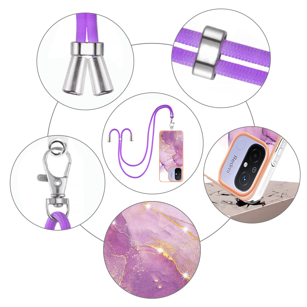 YB IMD Series-9 For Xiaomi Redmi 12C 4G / 11A 4G Electroplated TPU Cover IMD Marble Pattern Phone Case with Lanyard