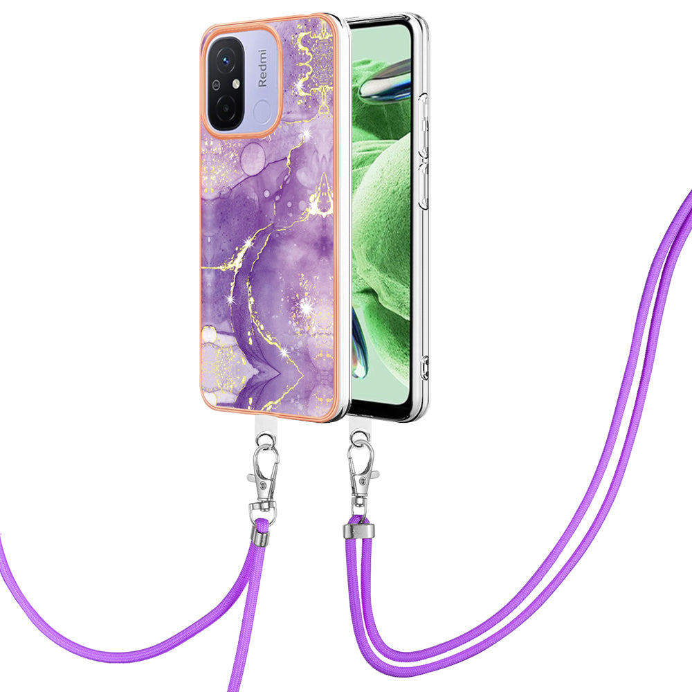 YB IMD Series-9 For Xiaomi Redmi 12C 4G / 11A 4G Electroplated TPU Cover IMD Marble Pattern Phone Case with Lanyard