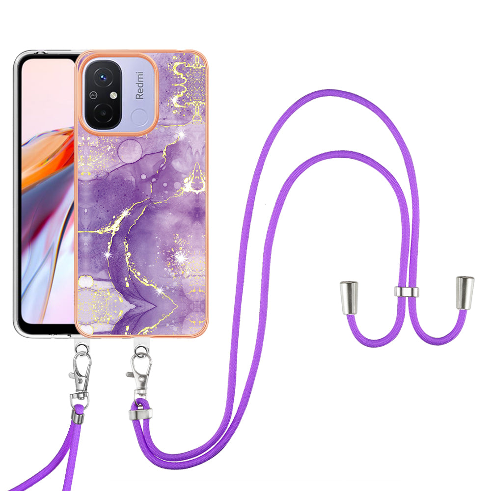 YB IMD Series-9 For Xiaomi Redmi 12C 4G / 11A 4G Electroplated TPU Cover IMD Marble Pattern Phone Case with Lanyard