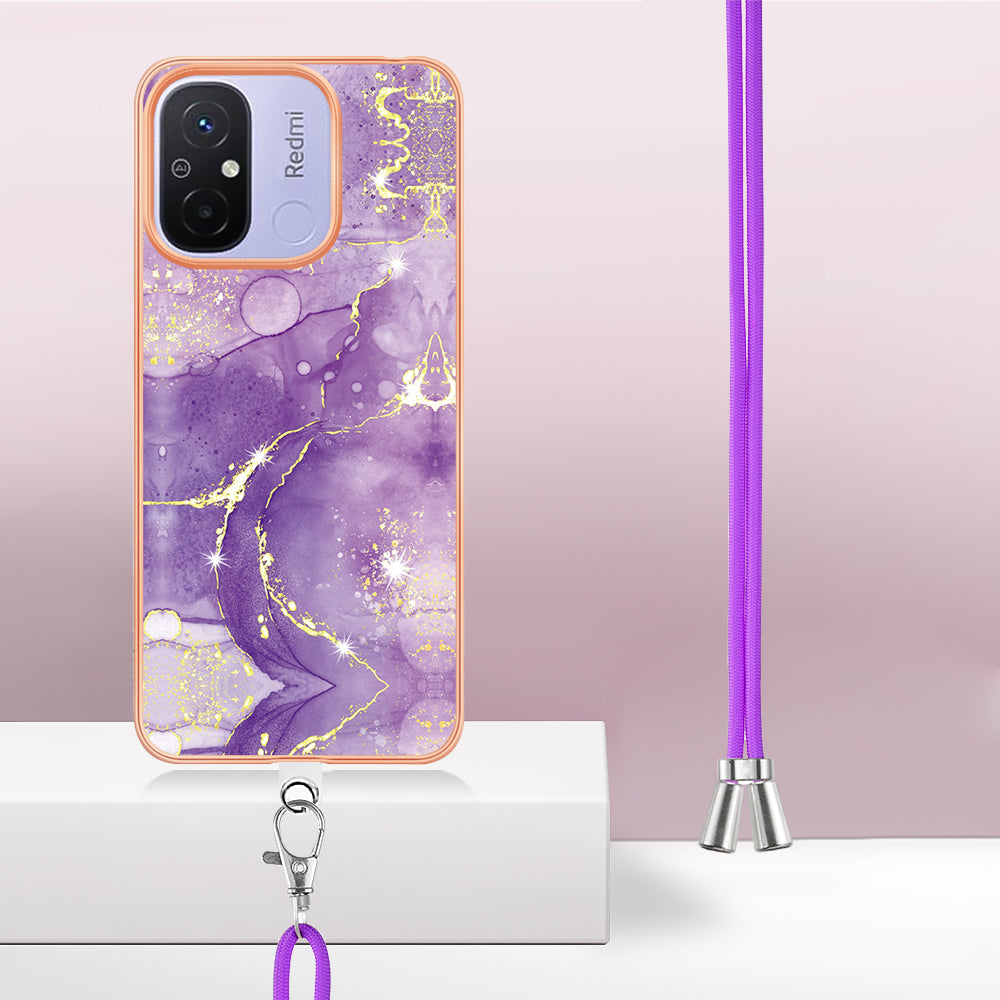 YB IMD Series-9 For Xiaomi Redmi 12C 4G / 11A 4G Electroplated TPU Cover IMD Marble Pattern Phone Case with Lanyard
