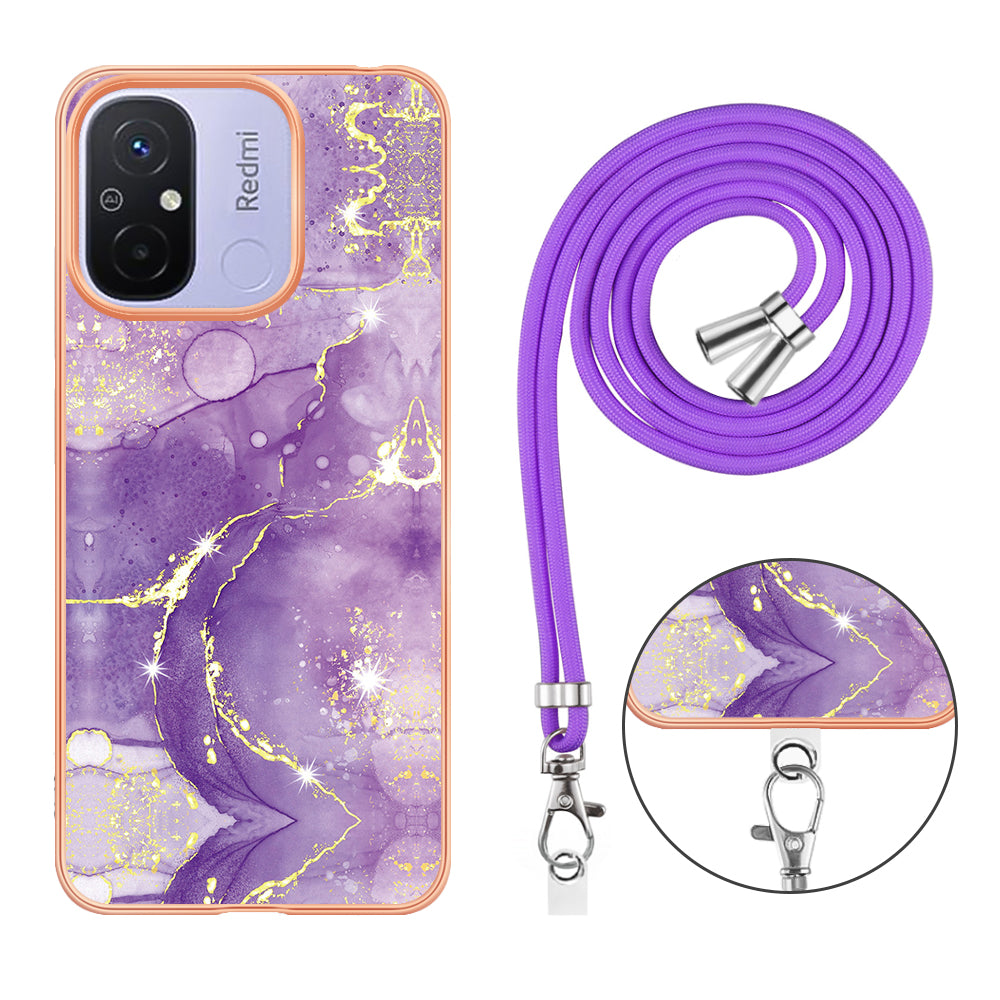 YB IMD Series-9 For Xiaomi Redmi 12C 4G / 11A 4G Electroplated TPU Cover IMD Marble Pattern Phone Case with Lanyard