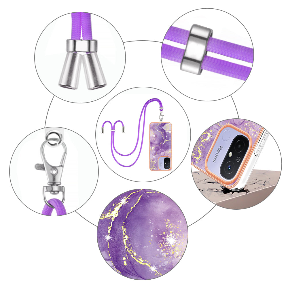 YB IMD Series-9 For Xiaomi Redmi 12C 4G / 11A 4G Electroplated TPU Cover IMD Marble Pattern Phone Case with Lanyard