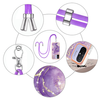 YB IMD Series-9 For Xiaomi Redmi 12C 4G / 11A 4G Electroplated TPU Cover IMD Marble Pattern Phone Case with Lanyard