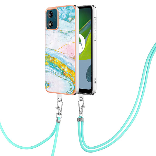 YB IMD Series-9 For Motorola Moto E13 4G IMD Marble Pattern Phone Case Electroplating TPU Anti-scratch Cover with Lanyard