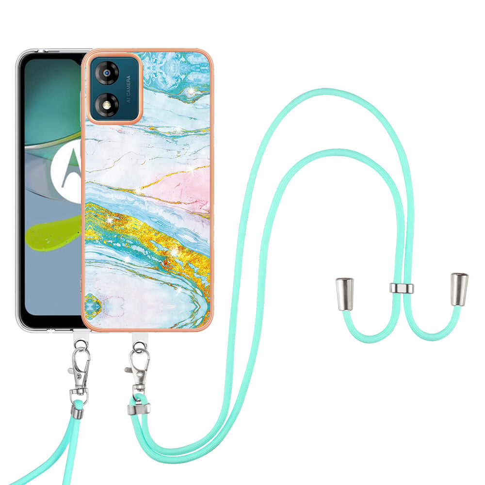 YB IMD Series-9 For Motorola Moto E13 4G IMD Marble Pattern Phone Case Electroplating TPU Anti-scratch Cover with Lanyard
