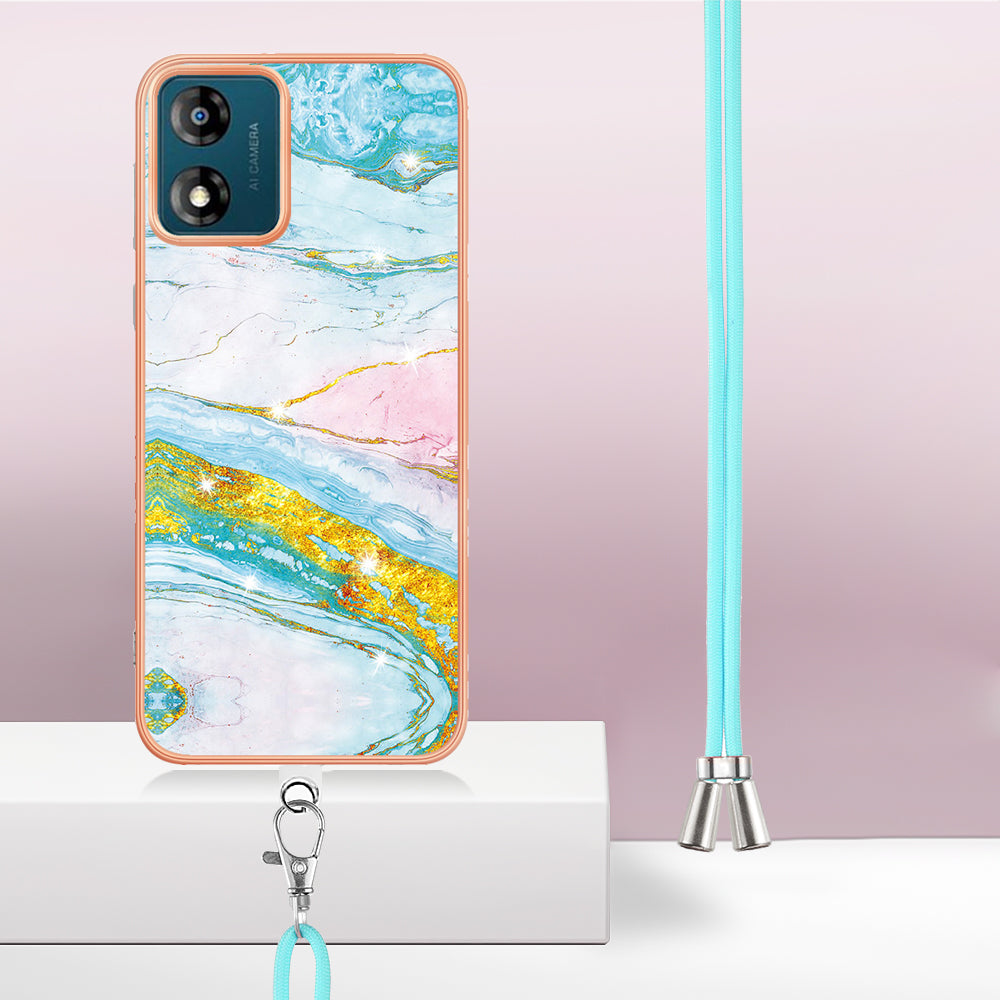 YB IMD Series-9 For Motorola Moto E13 4G IMD Marble Pattern Phone Case Electroplating TPU Anti-scratch Cover with Lanyard