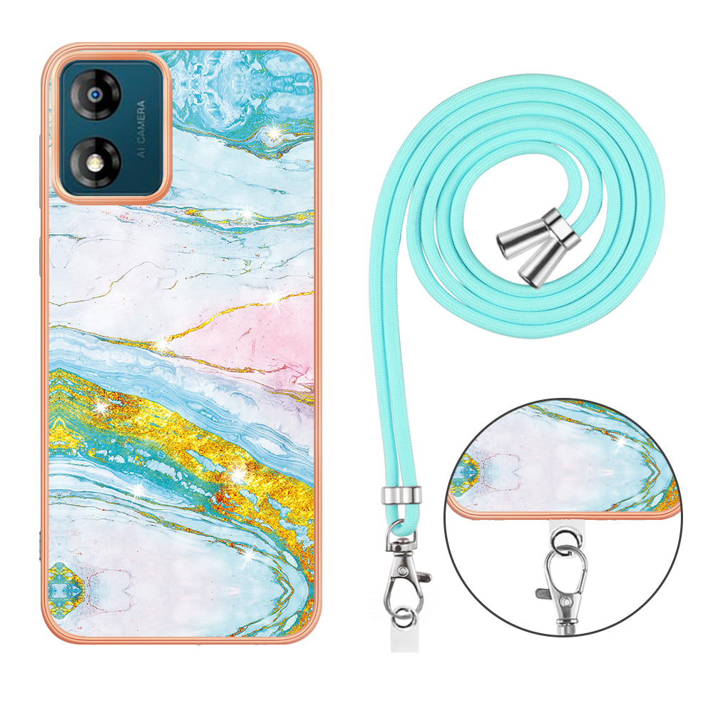 YB IMD Series-9 For Motorola Moto E13 4G IMD Marble Pattern Phone Case Electroplating TPU Anti-scratch Cover with Lanyard