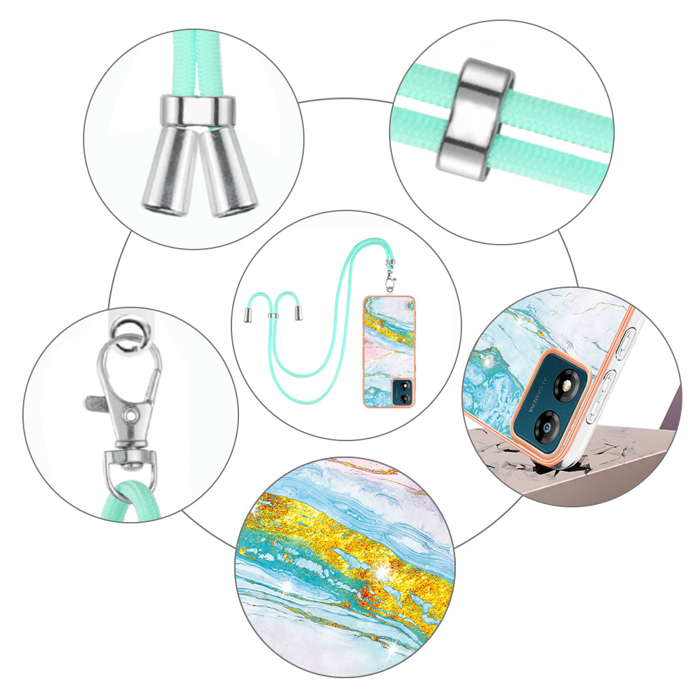 YB IMD Series-9 For Motorola Moto E13 4G IMD Marble Pattern Phone Case Electroplating TPU Anti-scratch Cover with Lanyard